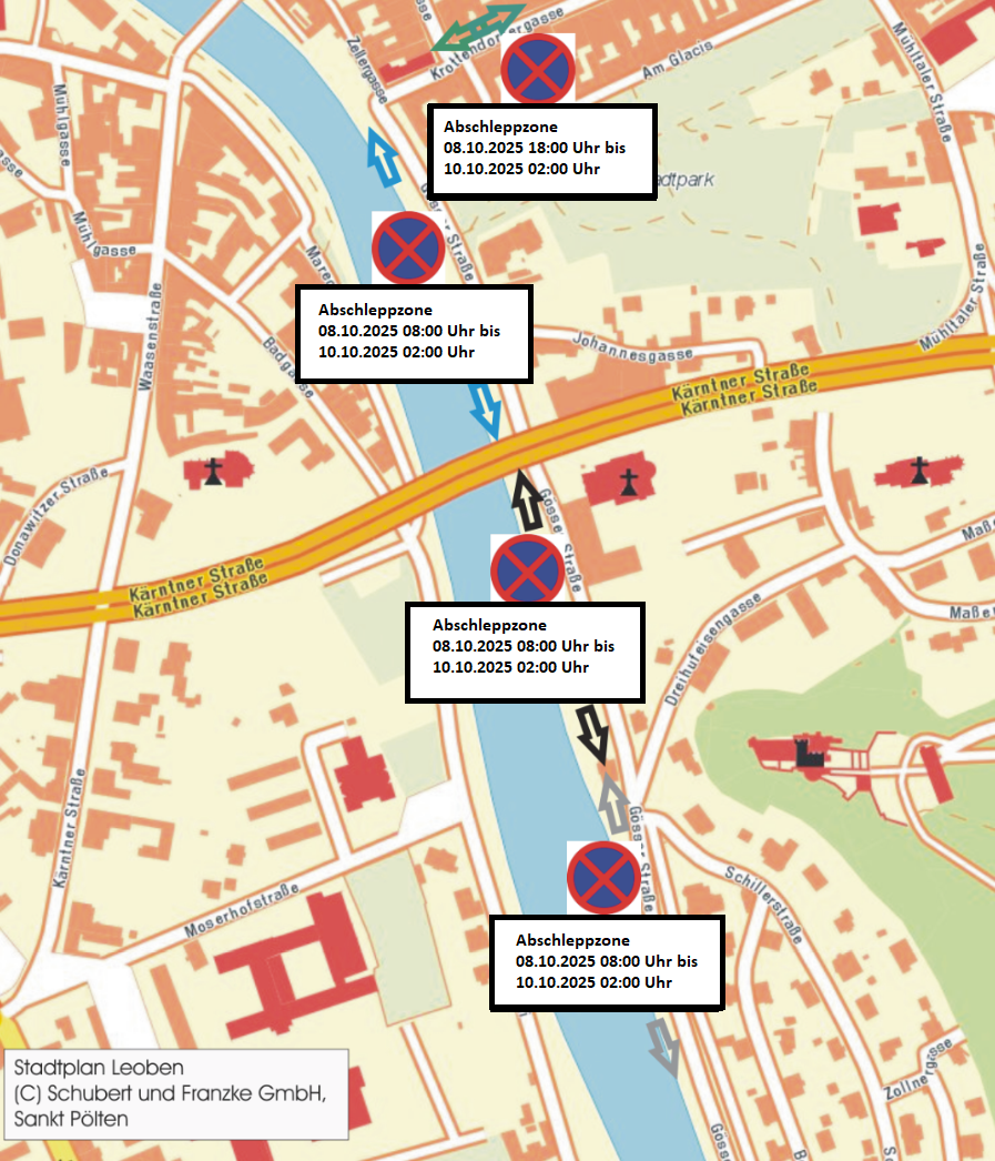 Stadtplan mit eingezeichneten Sperr- und Abschleppbereichen