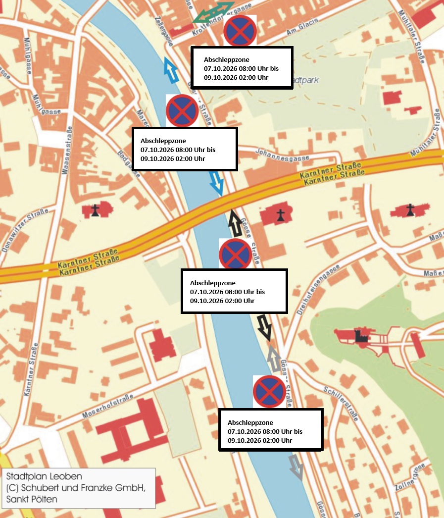 Stadtplan mit eingezeichneten Sperr- und Abschleppbereichen