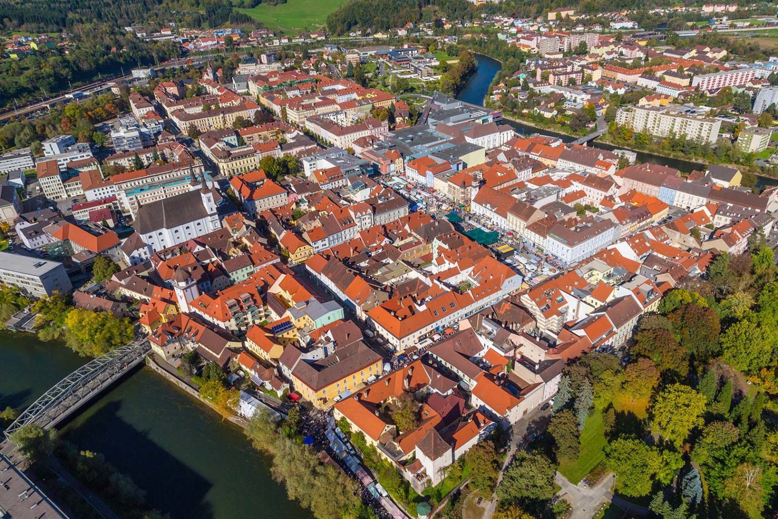 Aerial shot of Leoben: main square