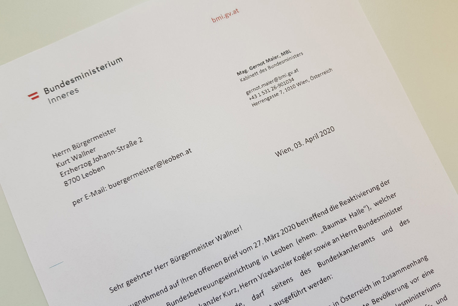 Innenminister antwortet auf offenen Brief aus Leoben
