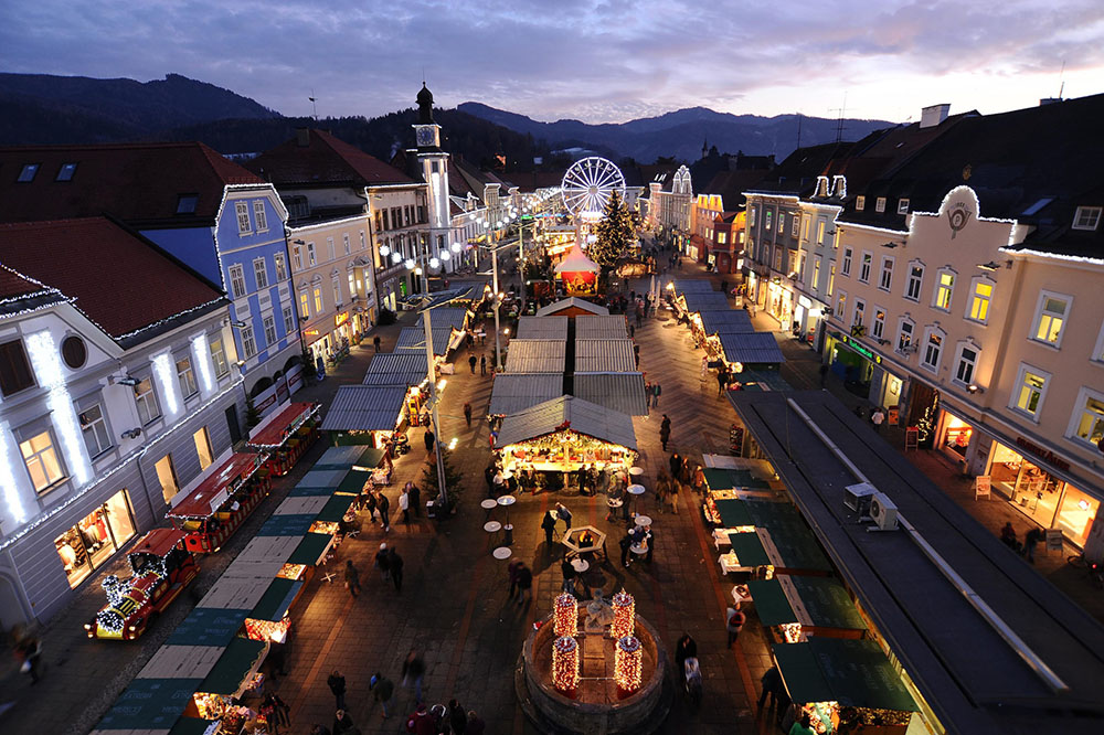 Aerial shot Christmas market on main square