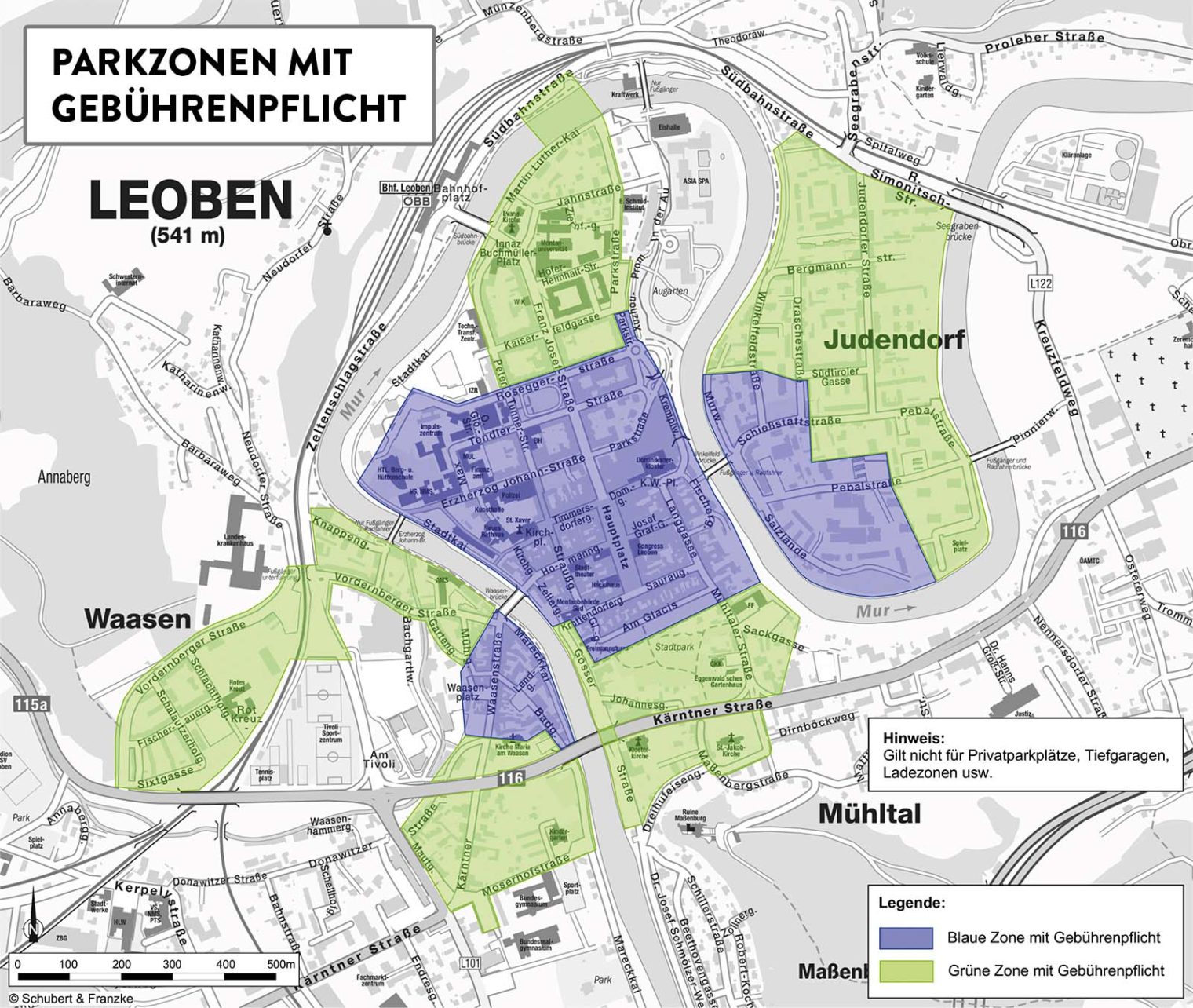 Plan der blauen und grünen Parkzone