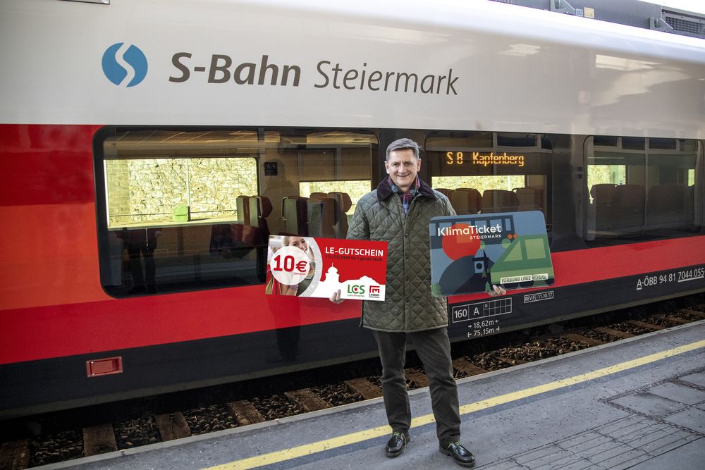 Bürgermeister Wallner vor der S-Bahn mit LE Gutschein und Klimaticket