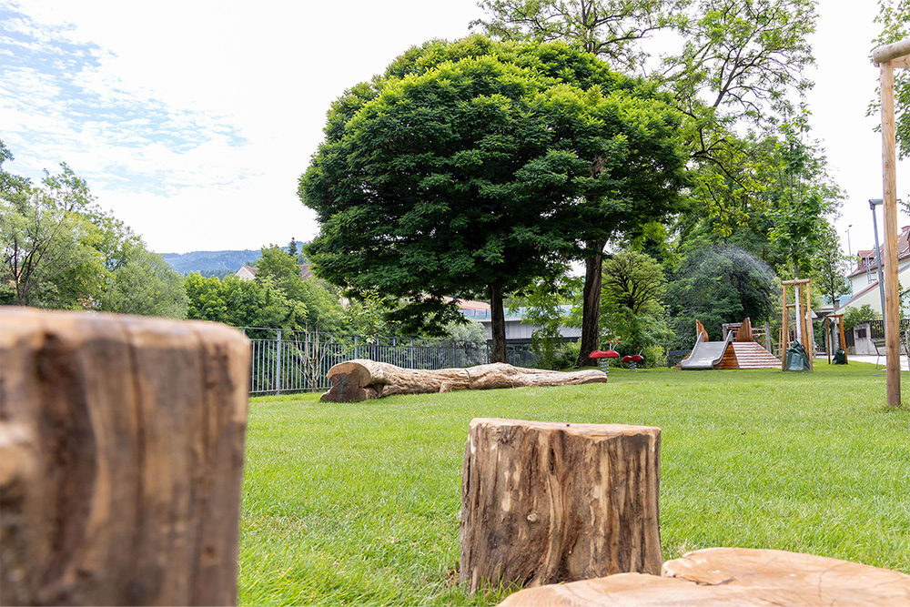Spielplatz am Mareckkai mit Baumstümpfen und Klettergerüst