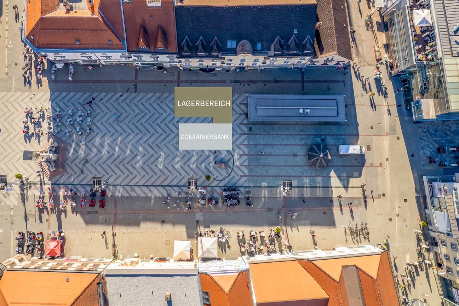 Vogelperspektive auf den nördlichen Hauptplatz, Lage des Lagerbereichs und der Containerbank sind eingezeichnet