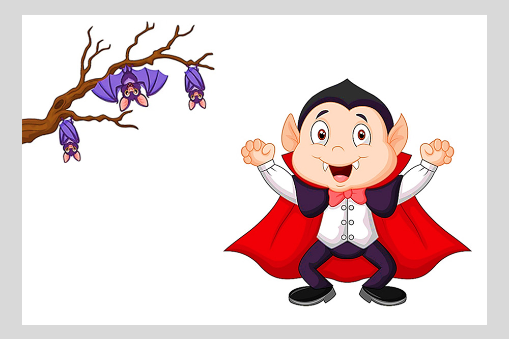 Vampir Kasimir und Fledermäuse auf einem Baum