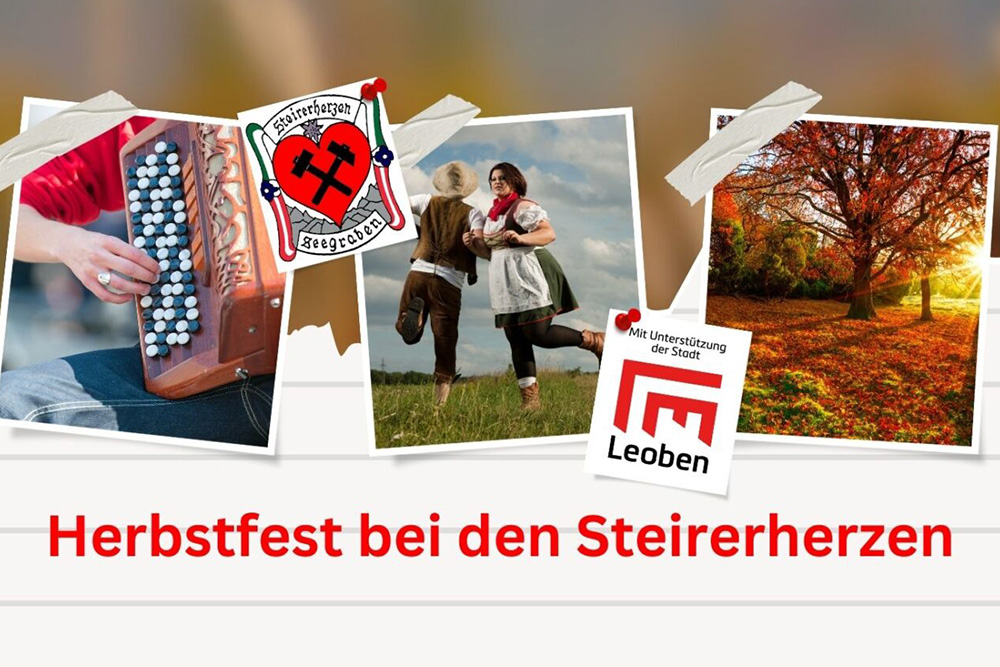 Plakatsujet mit Ziehharmonika, herbstlichem Wald und tanzendem Pärchen