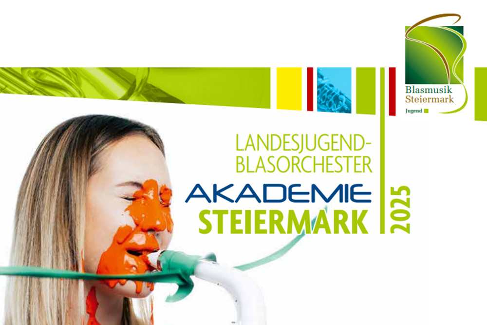 Schriftzug Landesjugendblasorchester Akademie Steiermark 2025 mit Bild einer jungen Musikerin