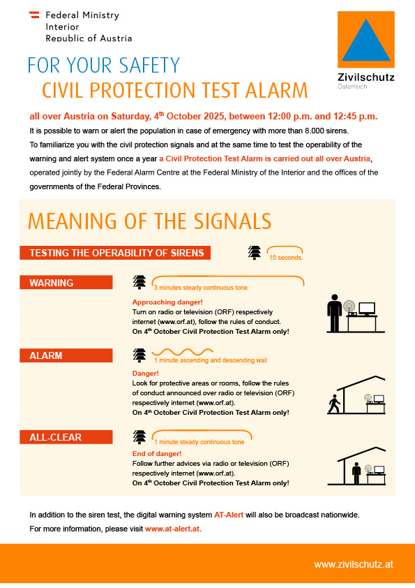 Instruction sheet for Civil Protection Test alarm