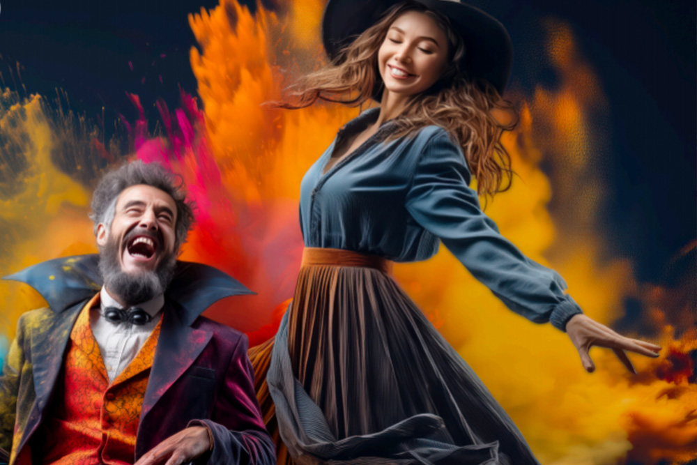 Mann im Rollstuhl und Frau tanzend im Halloween-Outfit