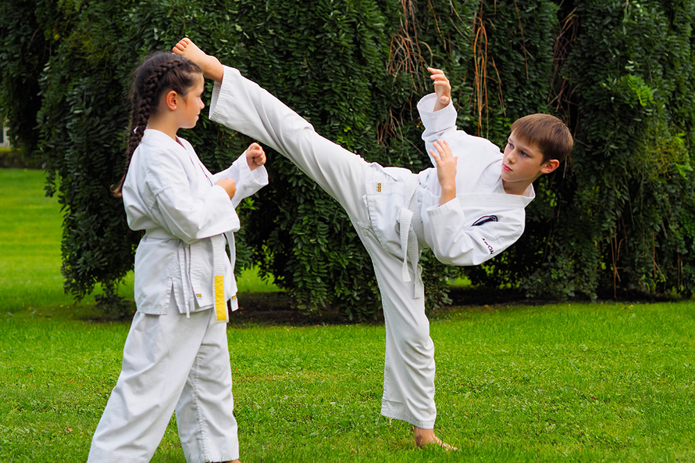 Zwei Kinder machen Hapkido im Park