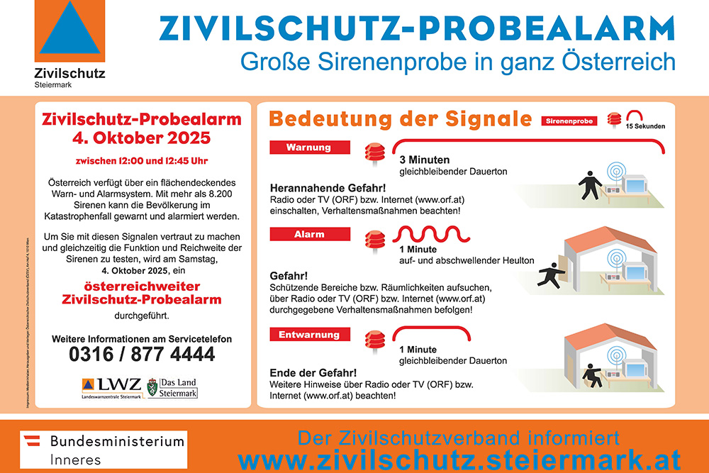Plakat mit Erklärung zu den Zivilschutz-Probealarm am 4. Oktober 2025