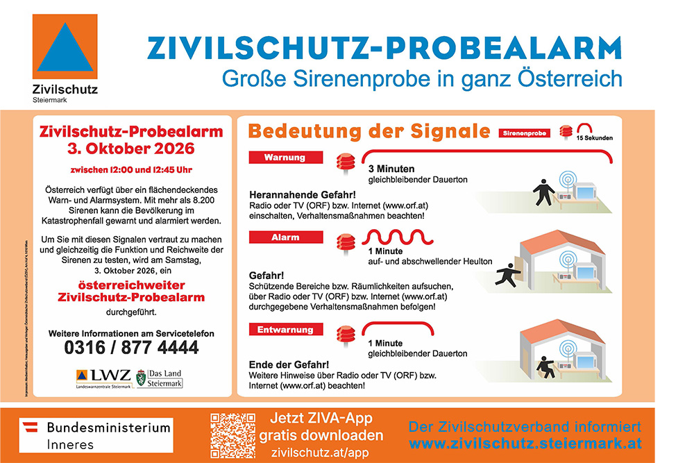 Plakat mit Erklärung zu den Zivilschutz-Probealarm am 3. Oktober 2026