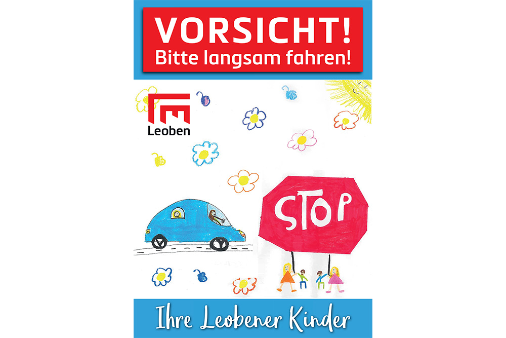 Plakat mit Schriftzug, blauem runden Auto und roter Stop-Tafel