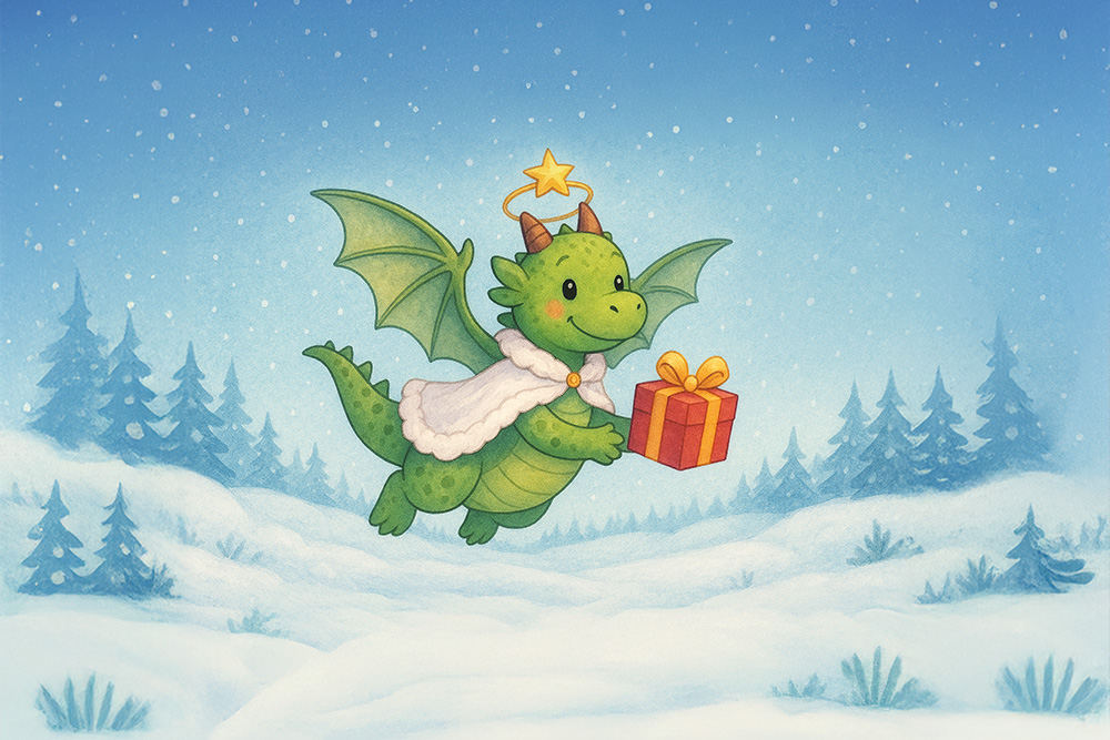 Fliegender grüner Drache mit weißem Umhang und Geschenk in der Hand in Winterlandschaft