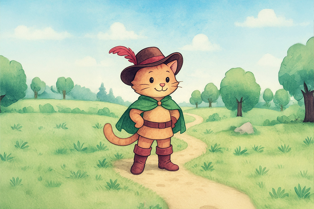 Aufrecht stehender Kater nur auf seinen Hinterbeinen in Stiefeln mit Hut, Umhang und Gürtel