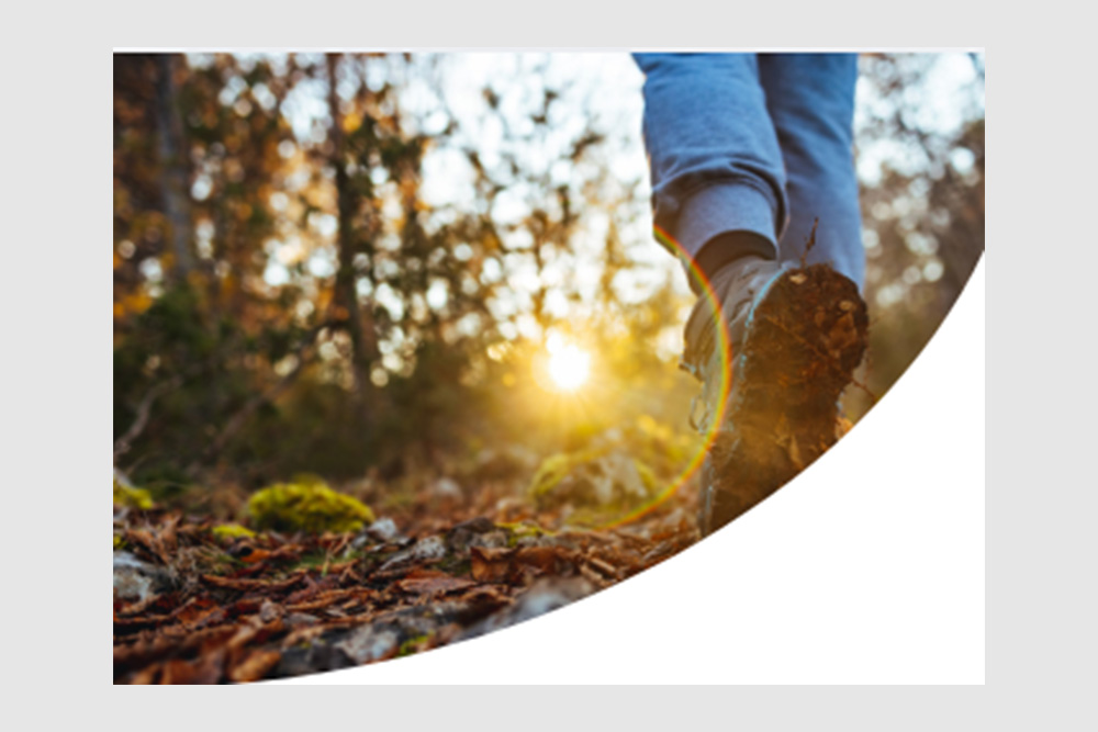 Bild von Wadenbeinen mit Wanderschuhen beim Waldspaziergang mit Sonneneinstrahlung