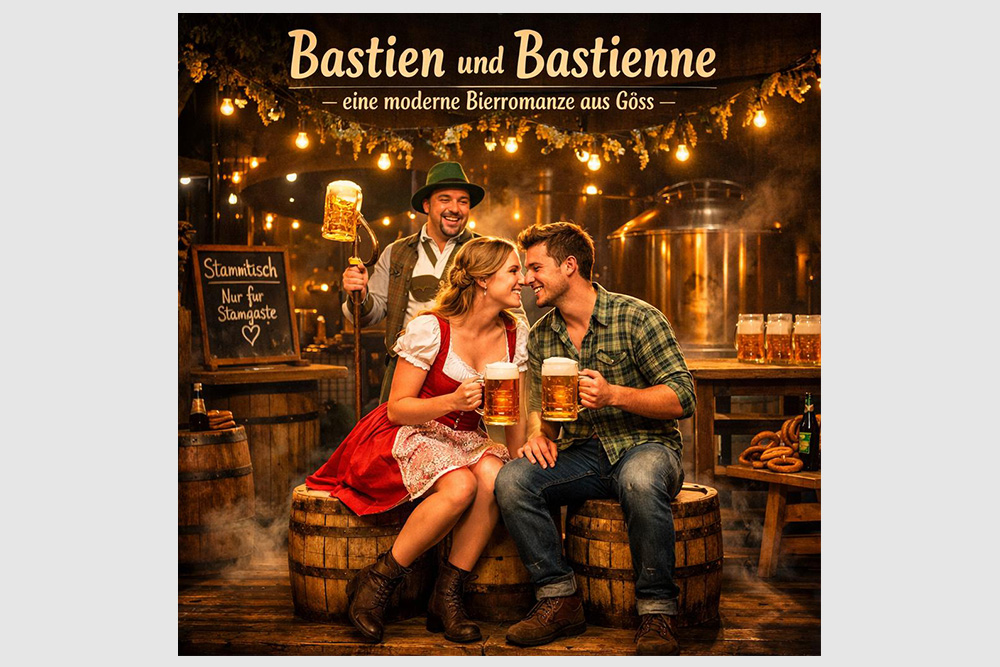 Drei Personen mit je einem Krügel Bier in der Hand, eine davon stehend und lacht die beiden auf Fässern sitzenden Personen, die verliebt ihre Gesichter zueinander halten, an.