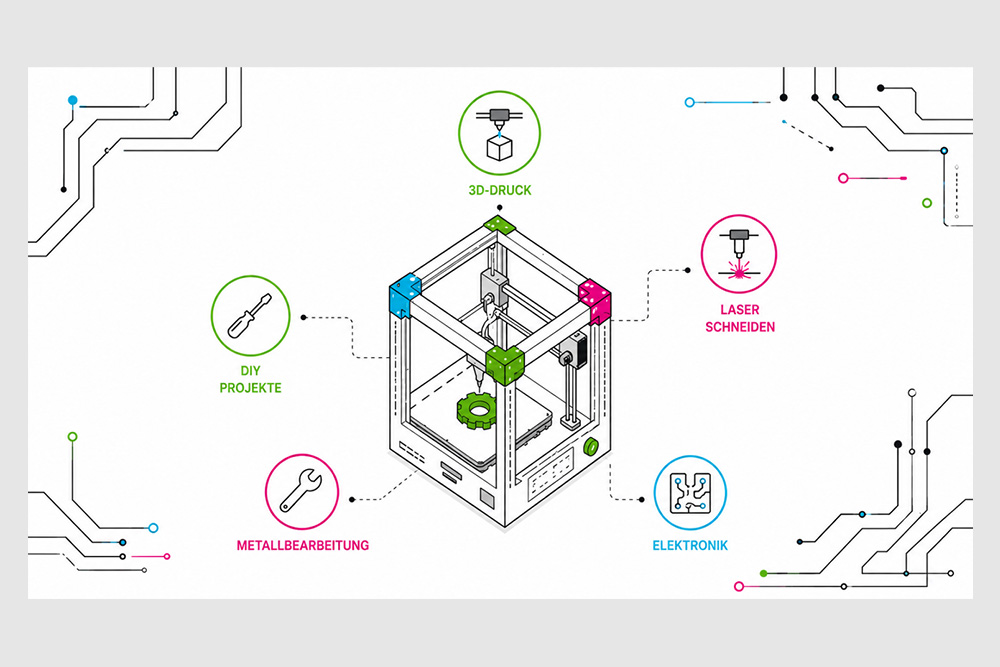 Eigenes Design von FabLAB Leoben - Skizze eines 3D-Druckers bzw. Geräts für DIY-Projekte, zum Laserschneiden, für Elektronik bzw. zur Metallbearbeitung