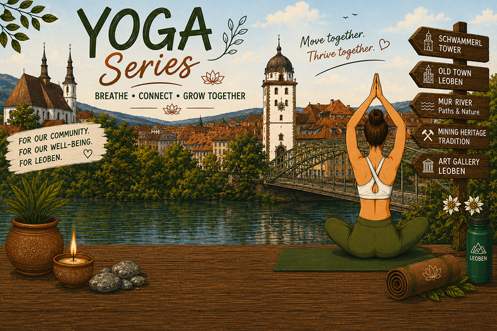 Yoga praktizierende Frau vor der Kulisse Leobens mit Schwammerlturm, Stadtpfarrkirche, Waasenbrücke und der Mur mit viel Grün, Kerze, Steinen, Yoga-Matte, Trinkflasche und Wegweisern