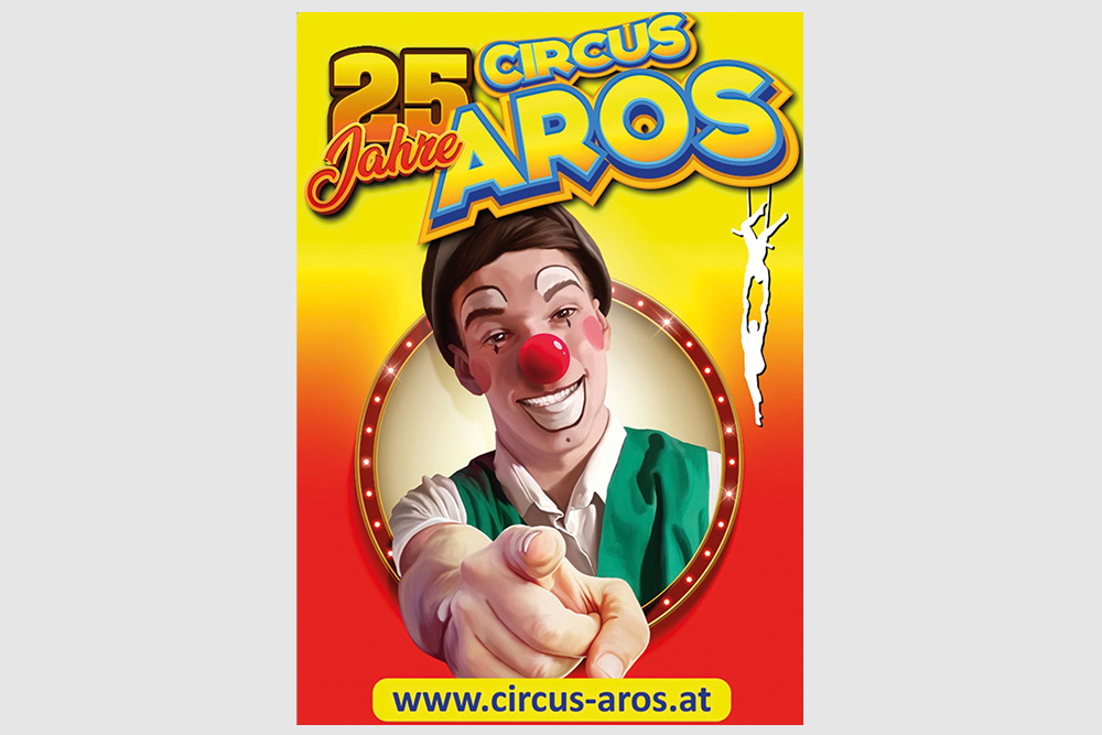 Clown-Porträt auf Plakat: 25 Jahre Circus Aros
