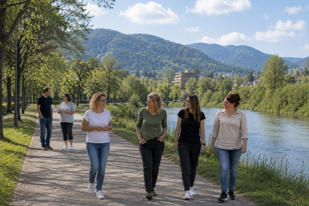 Fünf Damen und ein Herr beim Spazierengehen im Grünen an einem Fluss
