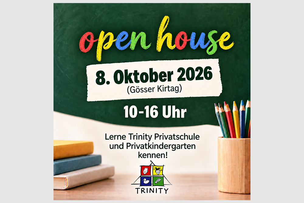 Bunter Schriftzug open house am 8. Oktober 2026 in Trinity Privatschule und Privatkindergarten