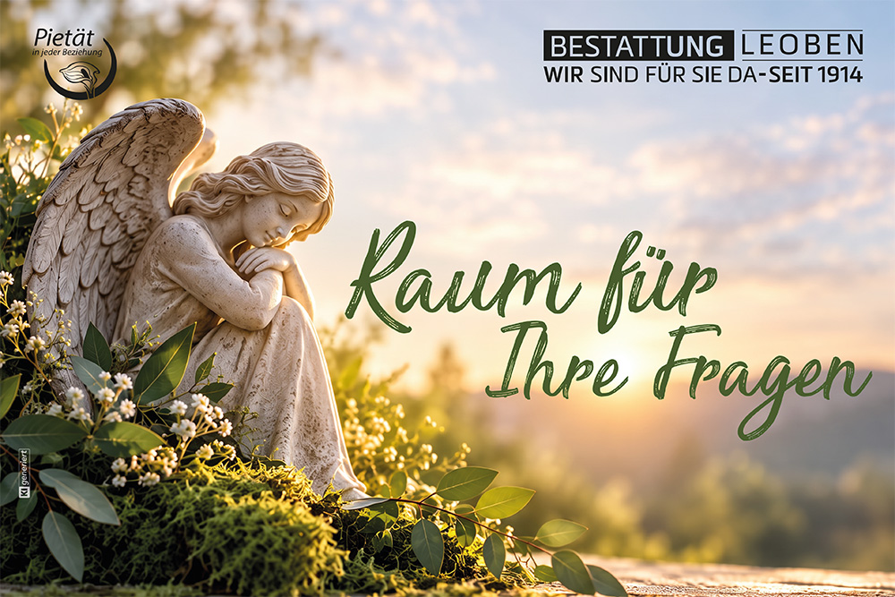 Im Grünen sitzender steinerner Engel mit Schriftzug Raum für Ihre Fragen